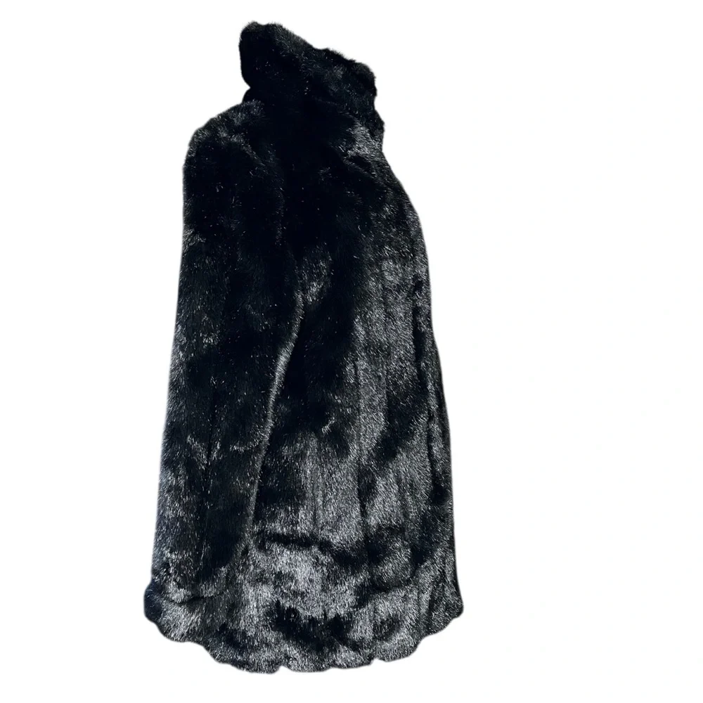 DENNIS BASSO VINTAGE 90s Black Faux Fur Plush Mid-Length Coat Jacket SZ:L - Picture 5 of 12
